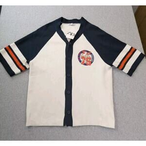 Zara Mens SM Knit Baseball Sweater V-Neck Button-Up Front White Blue Pickstown